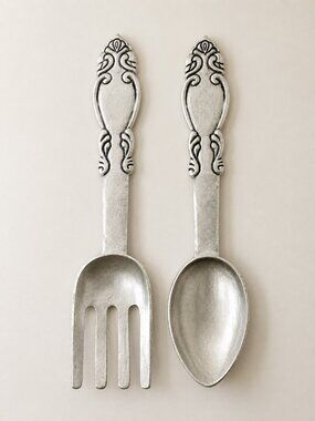 Vintage Oversized Silver Tone Wall Spoon & Fork Set Ornate 24" Made in India